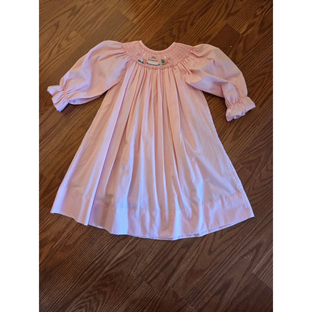 Amanda Remembered Girls Pink Gingham Smocked Birthday Cake Dress Size 2 Long Slv
